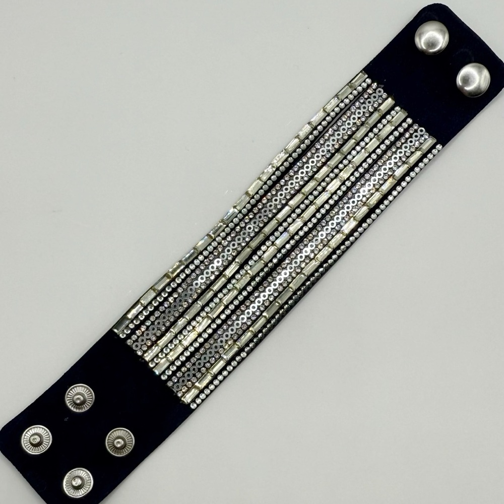 Blue Velvet Cuff Bracelet – Silver Beads & Rhinestone Crystal Embellishments - Picture 4 of 7